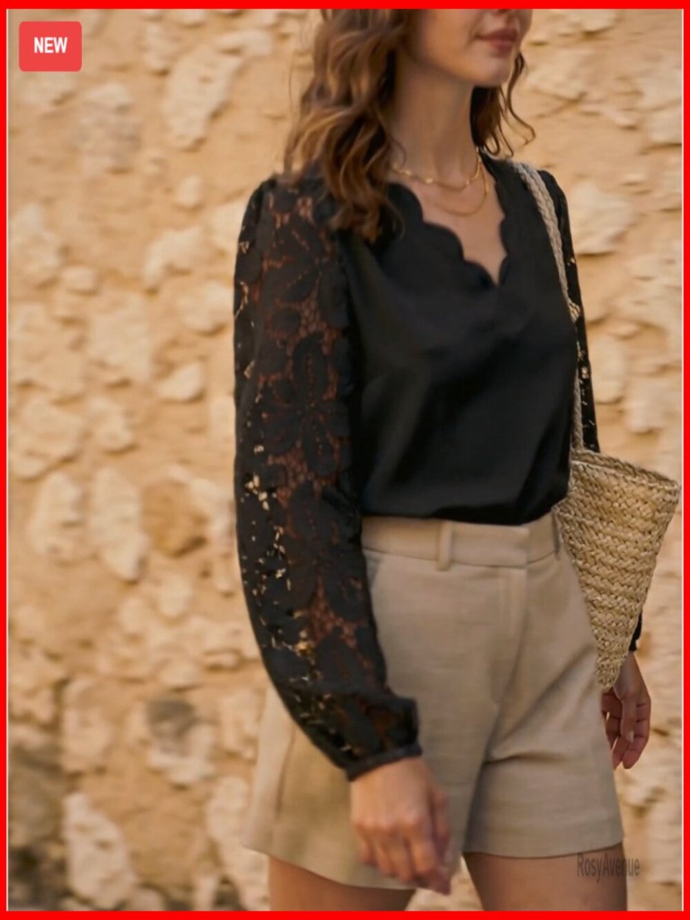 Lace V Neck Blouse Long Sleeve Scalloped Floral Dressy Blouse - Picture 7 of 7